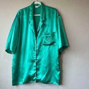 Victoria Secret Satin sleep shirt dress button up green pj slip Gold Label Vtg M